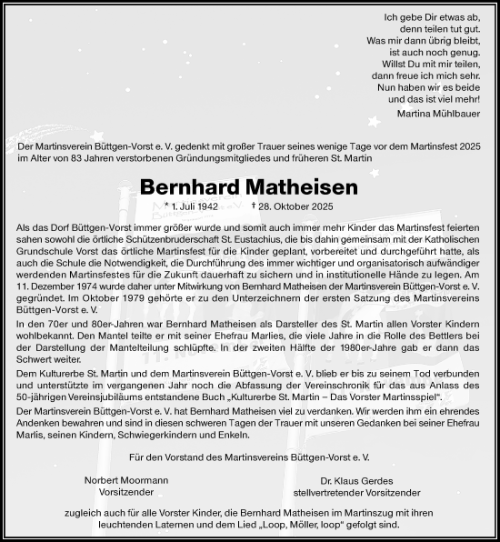 Traueranzeige von Bernhard Matheisen von Rheinische Post