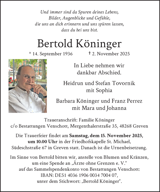 Traueranzeige von Bertold Köninger von Rheinische Post