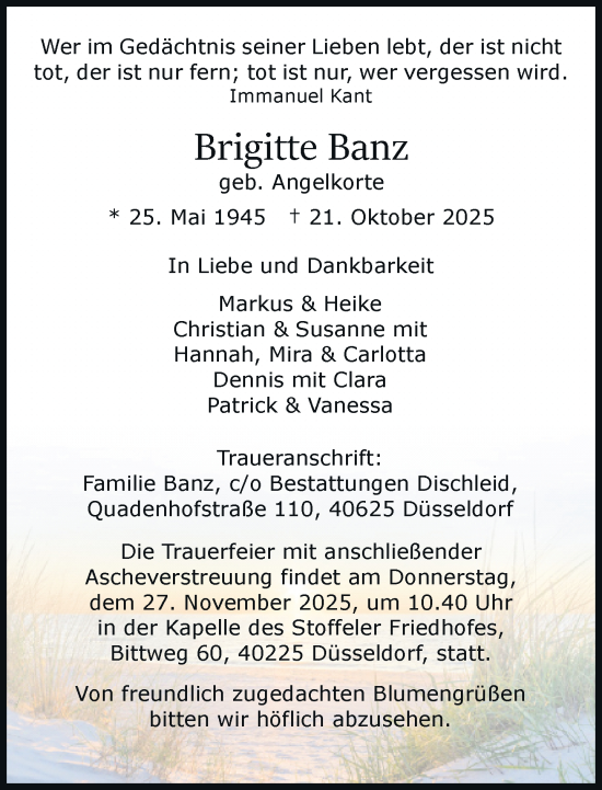 Traueranzeige von Brigitte Banz von Rheinische Post