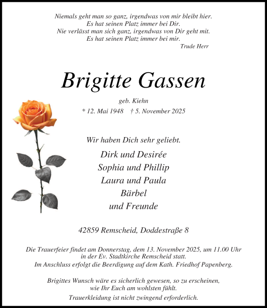 Traueranzeige von Brigitte Gassen von Rheinische Post