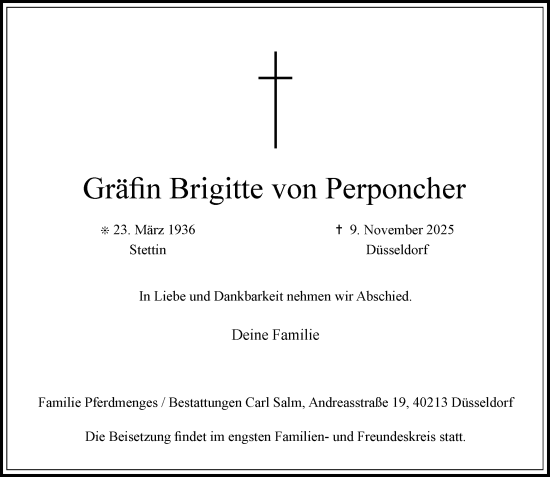 Traueranzeige von Brigitte von Perponcher von Rheinische Post