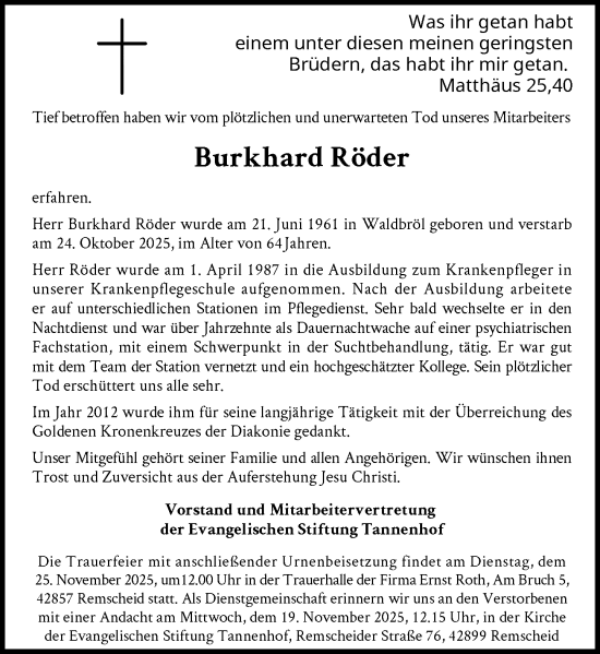 Traueranzeige von Burkhard Röder von Rheinische Post