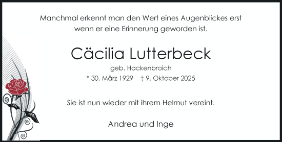 Traueranzeige von Cäcilia Lutterbeck von Rheinische Post