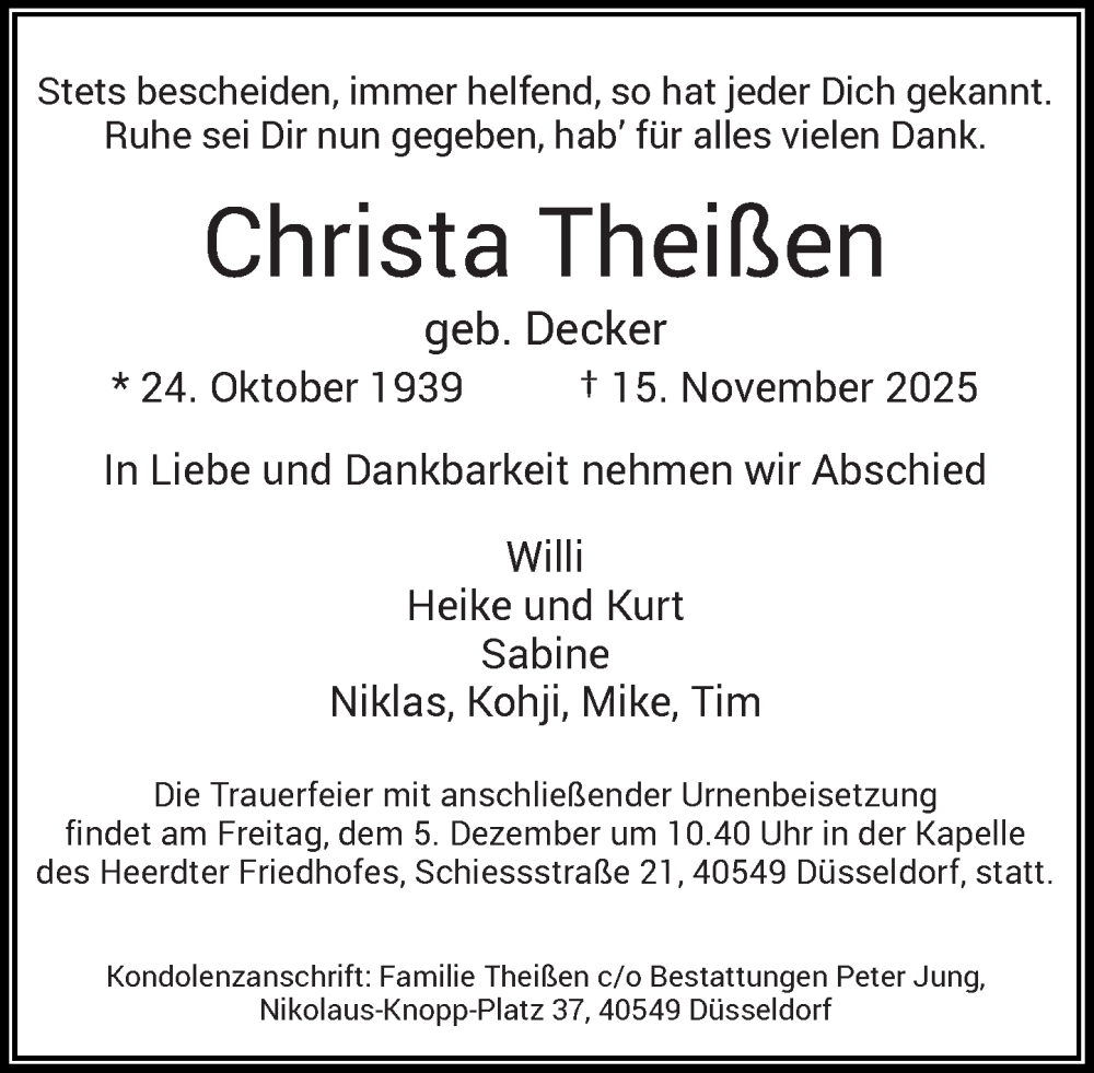 Traueranzeige für Christa Theißen vom 29.11.2025 aus Rheinische Post