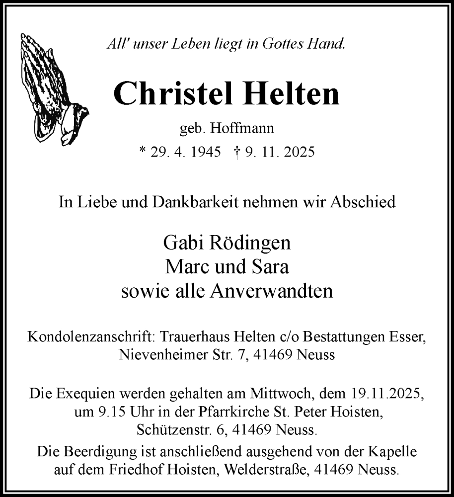  Traueranzeige für Christel Helten vom 15.11.2025 aus Rheinische Post
