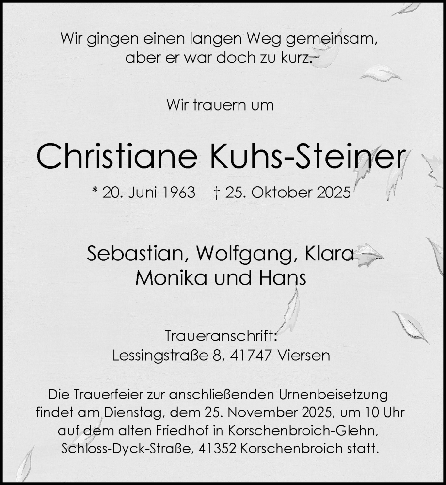  Traueranzeige für Christiane Kuhs-Steiner vom 22.11.2025 aus Rheinische Post