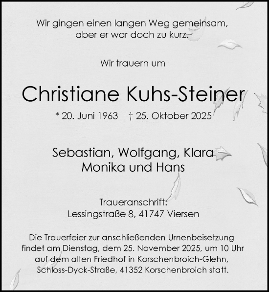 Traueranzeige von Christiane Kuhs-Steiner von Rheinische Post
