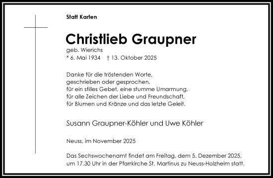 Traueranzeige von Christlieb Graupner von Rheinische Post
