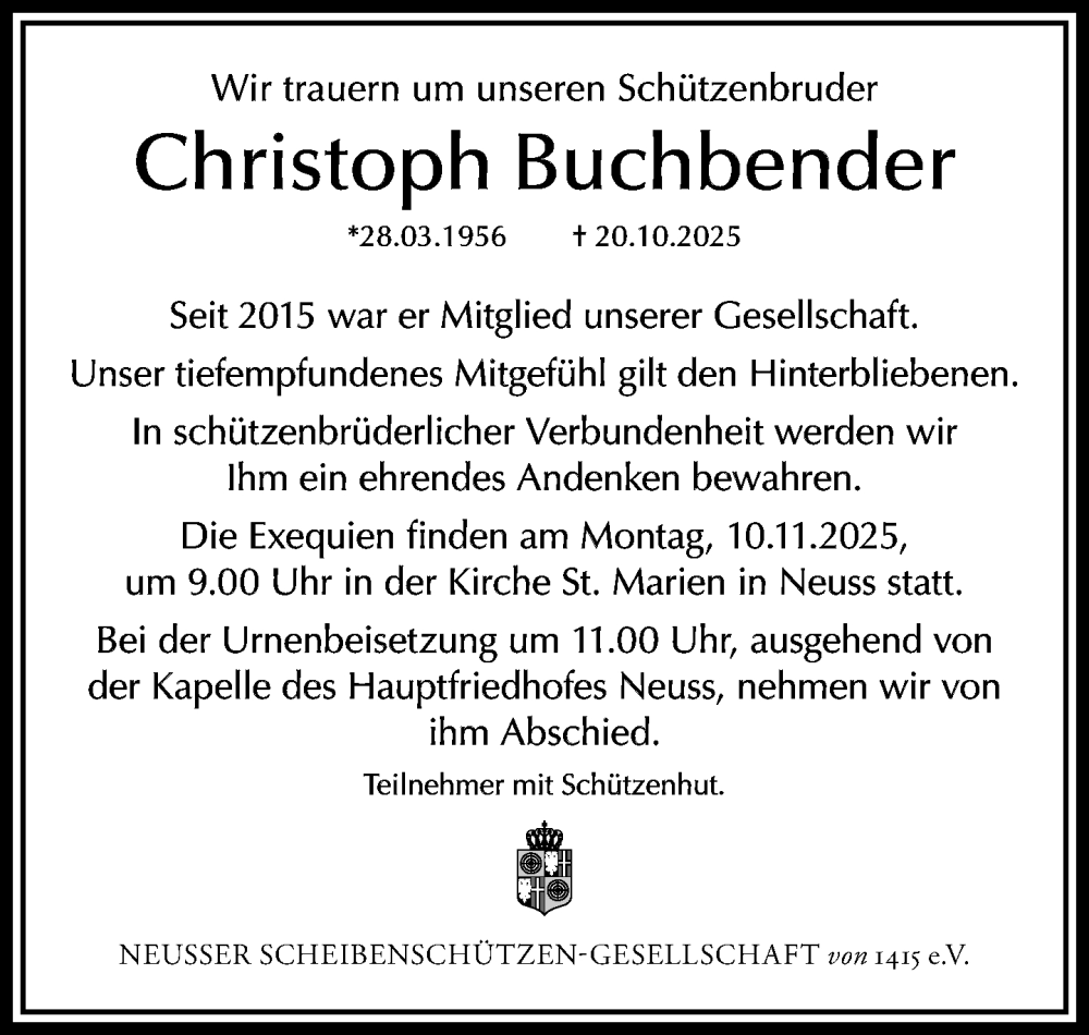  Traueranzeige für Christoph Buchbender vom 08.11.2025 aus Rheinische Post