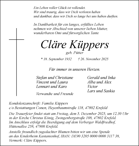 Traueranzeige von Cläre Küppers von Rheinische Post