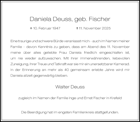 Traueranzeige von Daniela Deuss von Rheinische Post