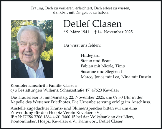Traueranzeige von Detlef Clasen von Rheinische Post