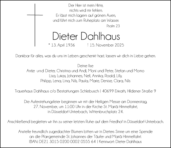 Traueranzeige von Dieter Dahlhaus von Rheinische Post