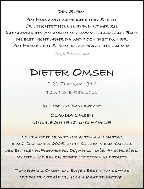 Traueranzeige von Dieter Omsen von Rheinische Post