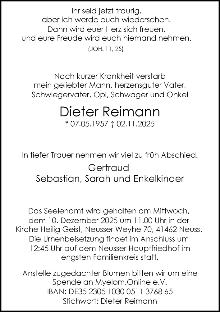  Traueranzeige für Dieter Reimann vom 29.11.2025 aus Rheinische Post