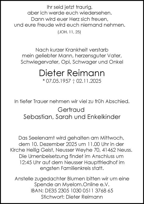 Traueranzeige von Dieter Reimann von Rheinische Post