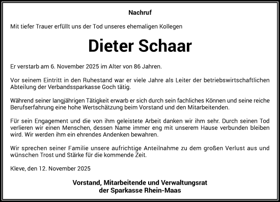 Traueranzeige von Dieter Schaar von Rheinische Post
