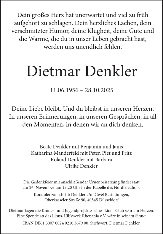 Traueranzeige von Dietmar Denkler von Rheinische Post