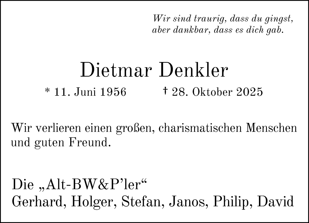  Traueranzeige für Dietmar Denkler vom 08.11.2025 aus Rheinische Post