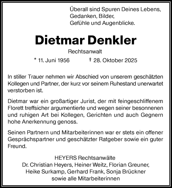 Traueranzeige von Dietmar Denkler von Rheinische Post