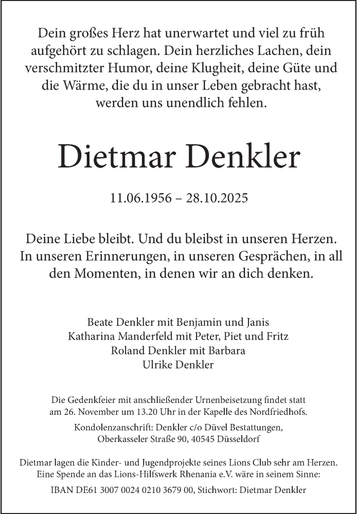 Traueranzeige für Dietmar Denkler vom 08.11.2025 aus Rheinische Post