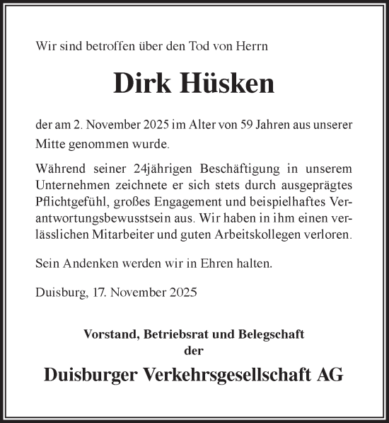 Traueranzeige von Dirk Hüsken von Rheinische Post