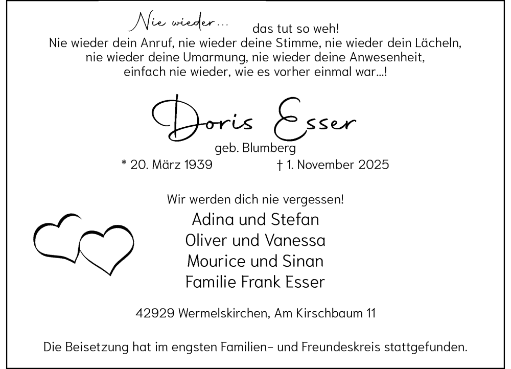  Traueranzeige für Doris Esser vom 15.11.2025 aus Rheinische Post