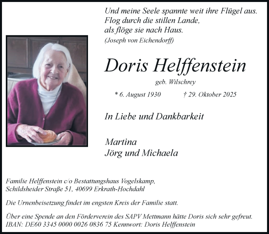 Traueranzeige von Doris Helffenstein von Rheinische Post