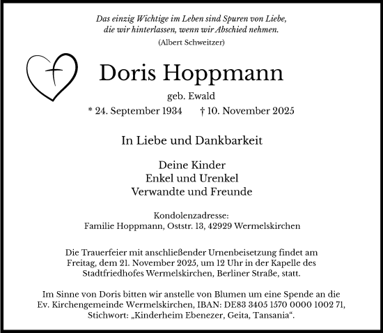 Traueranzeige von Doris Hoppmann von Rheinische Post