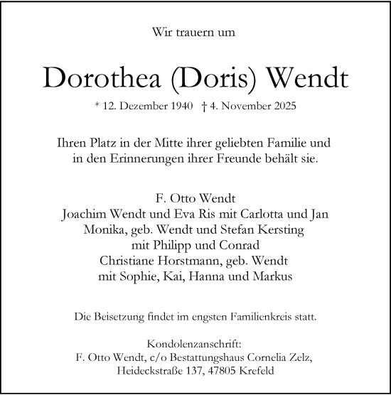 Traueranzeige von Dorothea Wendt von Rheinische Post