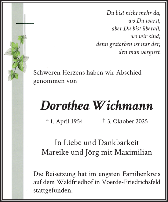 Traueranzeige von Dorothea Wichmann von Rheinische Post
