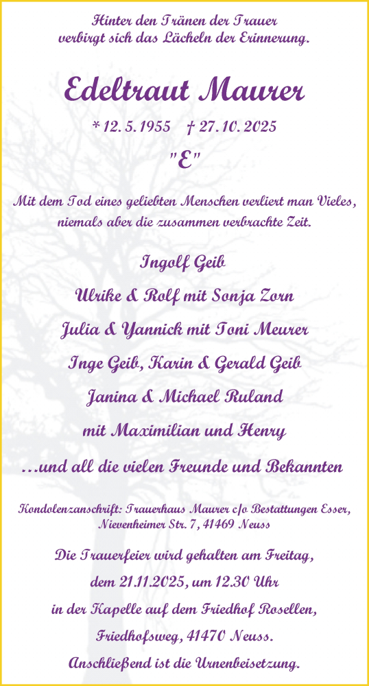 Traueranzeige von Edeltraut Maurer von Rheinische Post