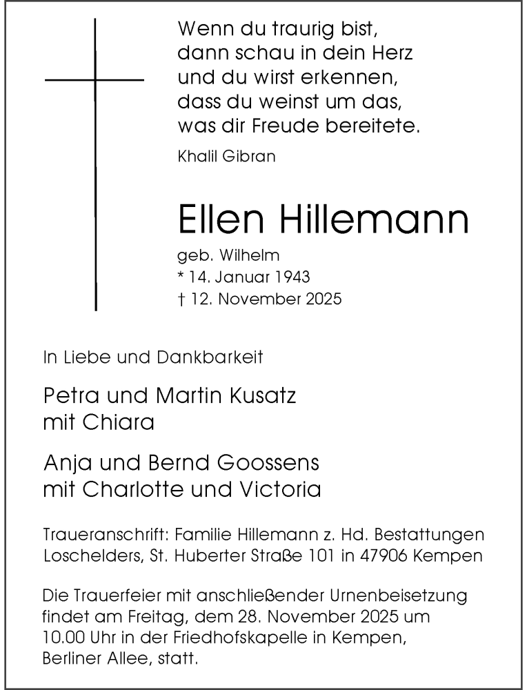  Traueranzeige für Ellen Hillemann vom 22.11.2025 aus Rheinische Post