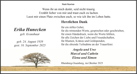 Traueranzeige von Erika Hunecken von Rheinische Post