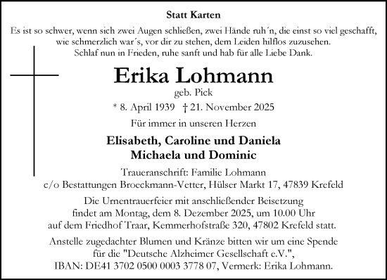 Traueranzeige von Erika Lohmann von Rheinische Post