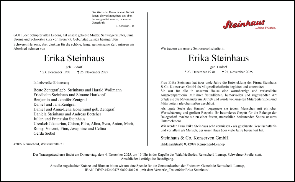  Traueranzeige für Erika Steinhaus vom 29.11.2025 aus Rheinische Post