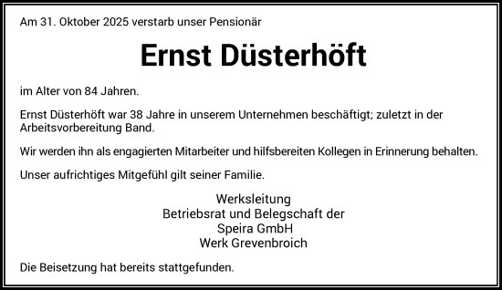 Traueranzeige von Ernst Düsterhöft von Rheinische Post