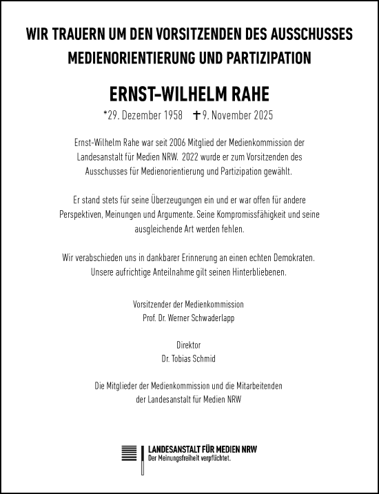 Traueranzeige von Ernst-Wilhelm Rahe von Rheinische Post