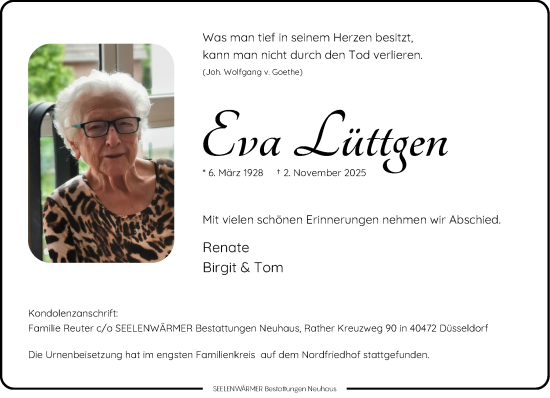 Traueranzeige von Eva Lüttgen von Rheinische Post