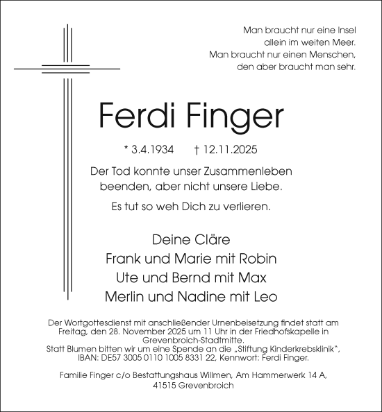 Traueranzeige von Ferdi Finger von Rheinische Post