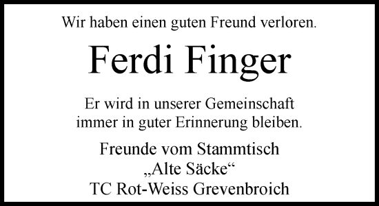 Traueranzeige von Ferdinand Finger von Rheinische Post