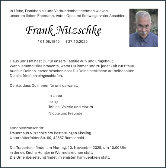 Traueranzeige von Frank Nitzschke von Rheinische Post