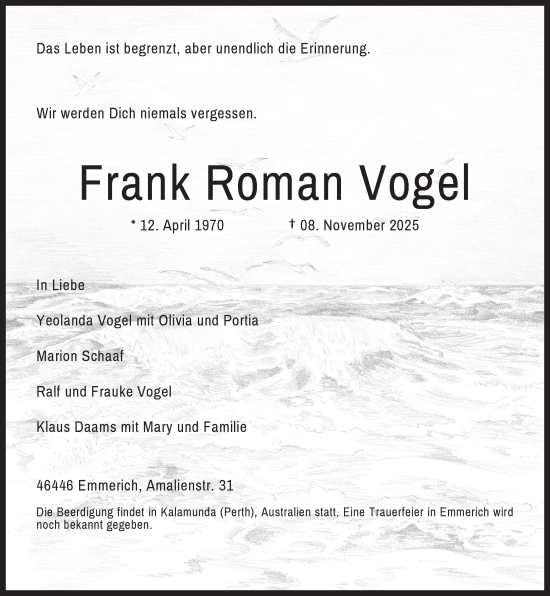 Traueranzeige von Frank Roman Vogel von Rheinische Post