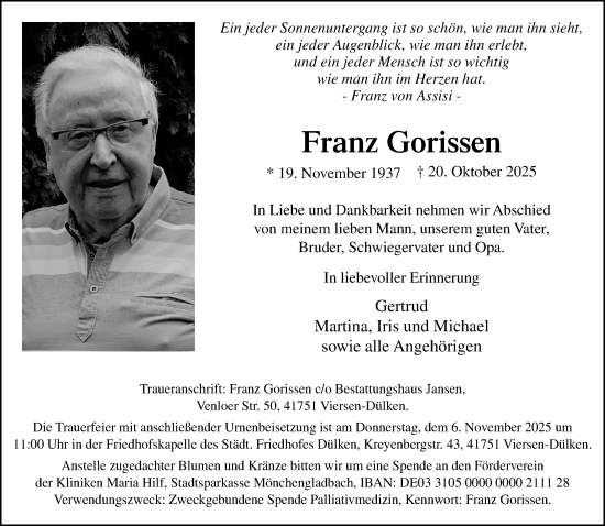 Traueranzeige von Franz Gorissen von Rheinische Post
