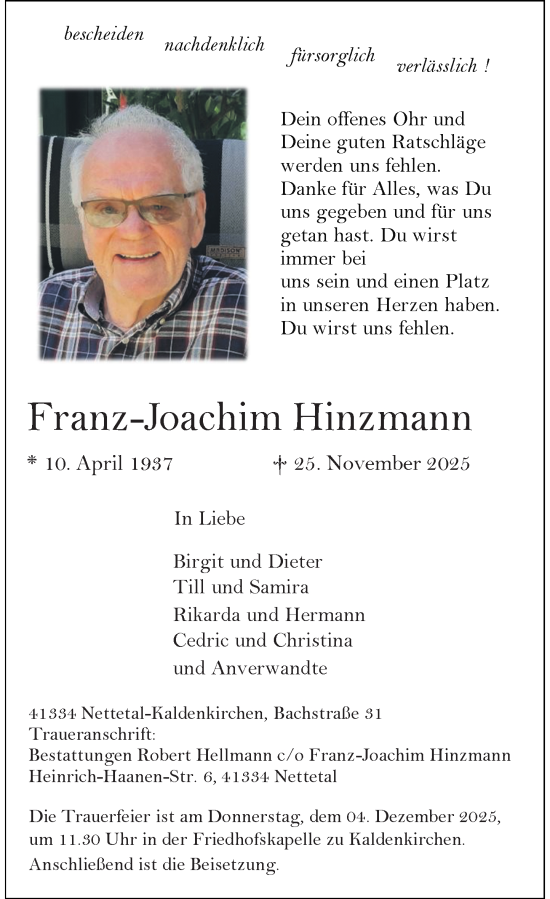Traueranzeige von Franz-Joachim Hinzmann von Rheinische Post