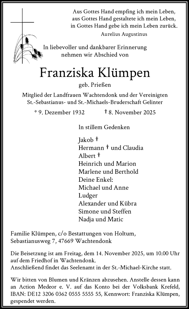  Traueranzeige für Franziska Klümpen vom 12.11.2025 aus Rheinische Post
