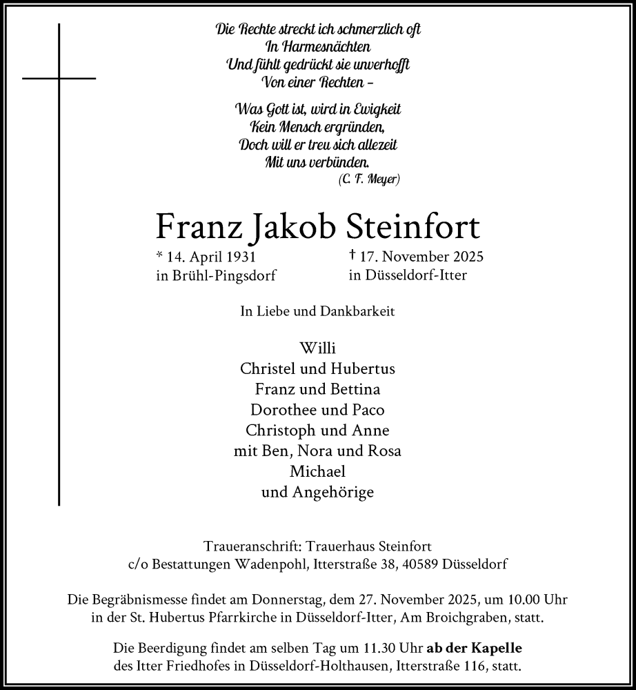  Traueranzeige für Franz Jakob Steinfort vom 22.11.2025 aus Rheinische Post