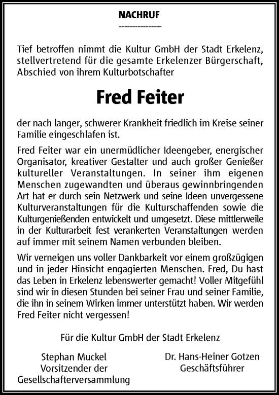 Traueranzeige von Fred Feiter von Rheinische Post