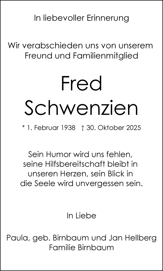 Traueranzeige von Fred Schwenzien von Rheinische Post