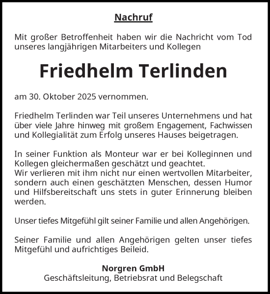 Traueranzeige von Friedhelm Terlinden von Rheinische Post